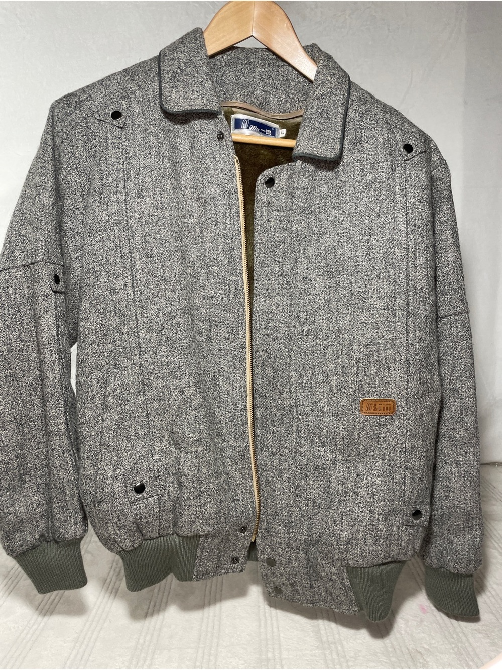 Vintage Sherpa Lined Wool Blend Bomber Jacket Size L Gray Winter Coat
